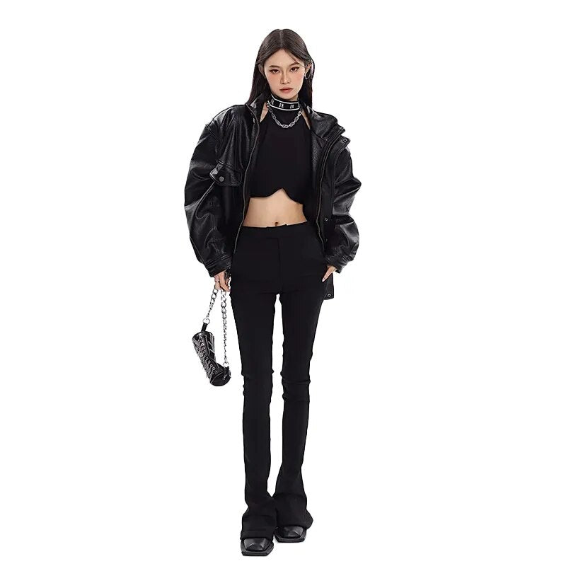 Spring Autumn Oversized Cool Windproof Thick Black Pu Leather Jacket Women Zip Up Luxury Designer Unisex Clothes