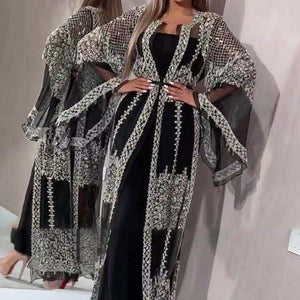 Fashion Sequins Mesh Mopping Maxi Dress French Vintage Belt Women Club Dress Elegant O Neck Flare Sleeve Lace Evening Dress