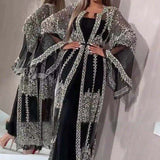 Fashion Sequins Mesh Mopping Maxi Dress French Vintage Belt Women Club Dress Elegant O Neck Flare Sleeve Lace Evening Dress