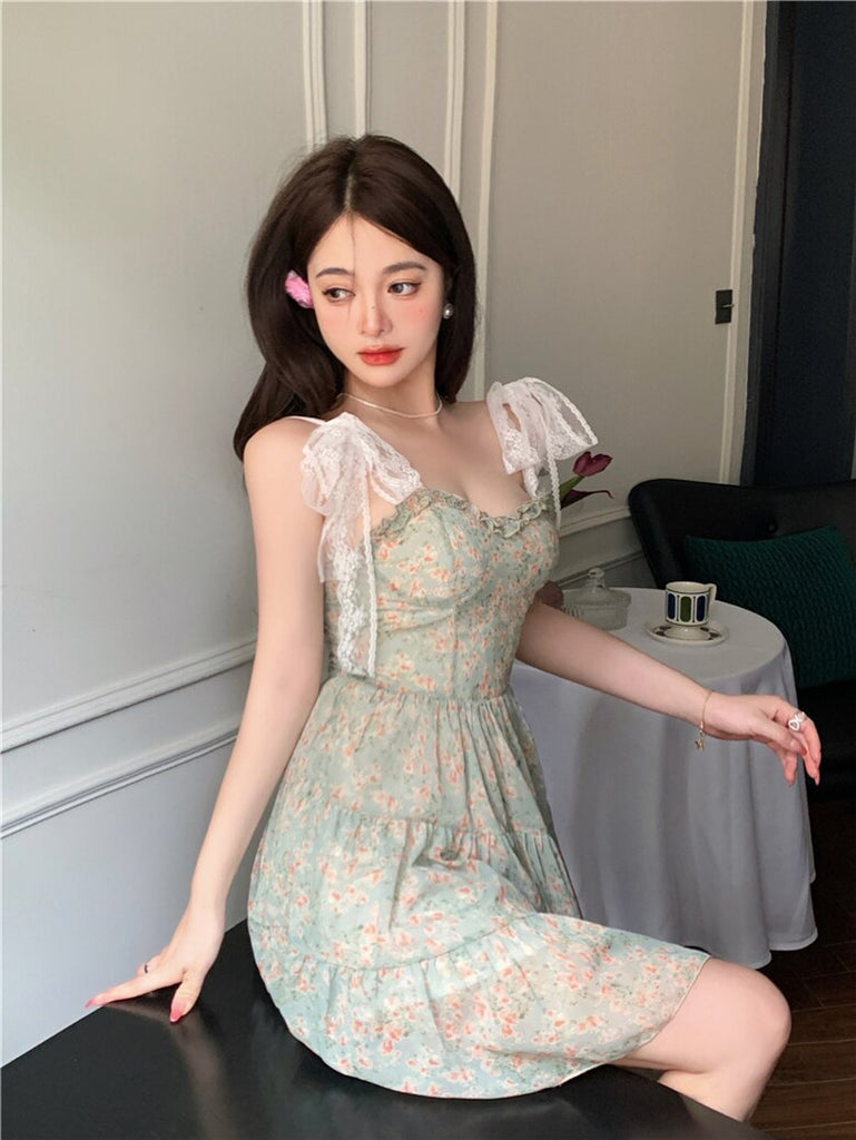 Lace Spaghetti Strap Dress Stitching Women's Summer Sweet French Floral Dress A Line Mini High Waist Sexy Beach Dress Clothing