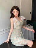Lace Spaghetti Strap Dress Stitching Women's Summer Sweet French Floral Dress A Line Mini High Waist Sexy Beach Dress Clothing
