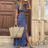Summer Boho Long Dress Women Paisley Print V Neck Belted Bohemian Maxi Dresses Female Elegant High Slit Robe Party Beach Dress