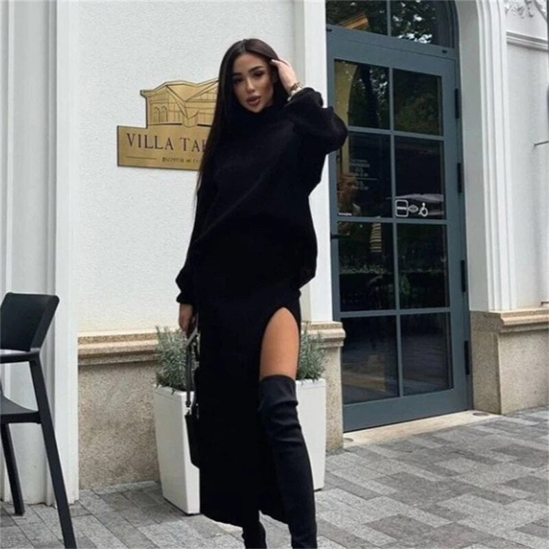Knit Two Piece Sets Womens Outfits Casual Autumn Winter Turtleneck Sweater And Midi Skirt Sets Ladies Matching Sets