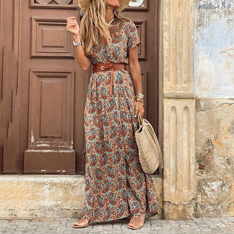 Summer Boho Long Dress Women Paisley Print V Neck Belted Bohemian Maxi Dresses Female Elegant High Slit Robe Party Beach Dress