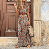 Summer Boho Long Dress Women Paisley Print V Neck Belted Bohemian Maxi Dresses Female Elegant High Slit Robe Party Beach Dress