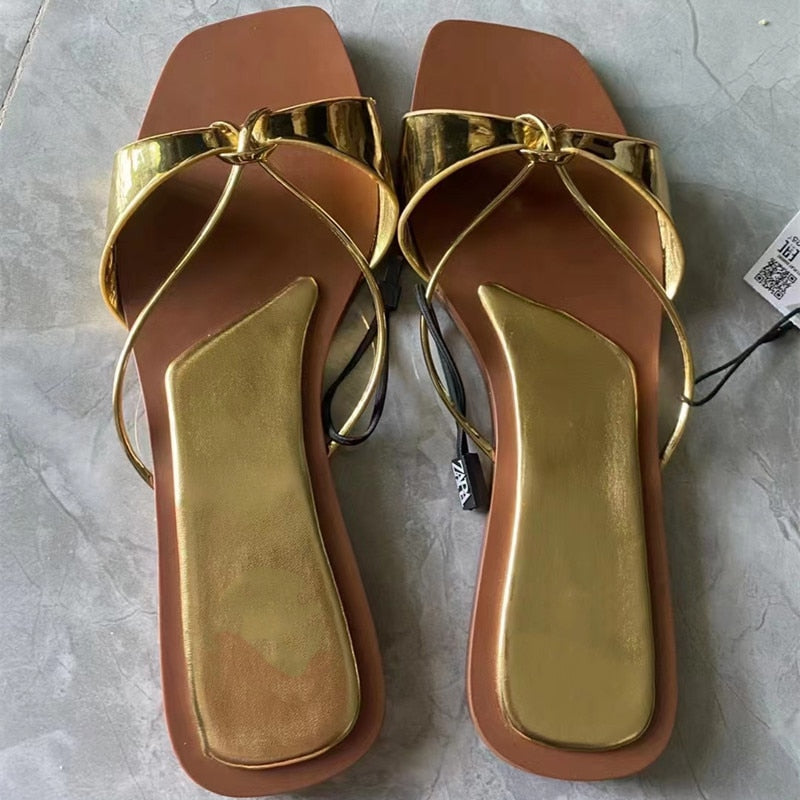 Women's Summer Gold Kbot Flat Sandal Sexy Thin Straps Luxury Slippers Square Toe Flip Flops Casual Beach Flats