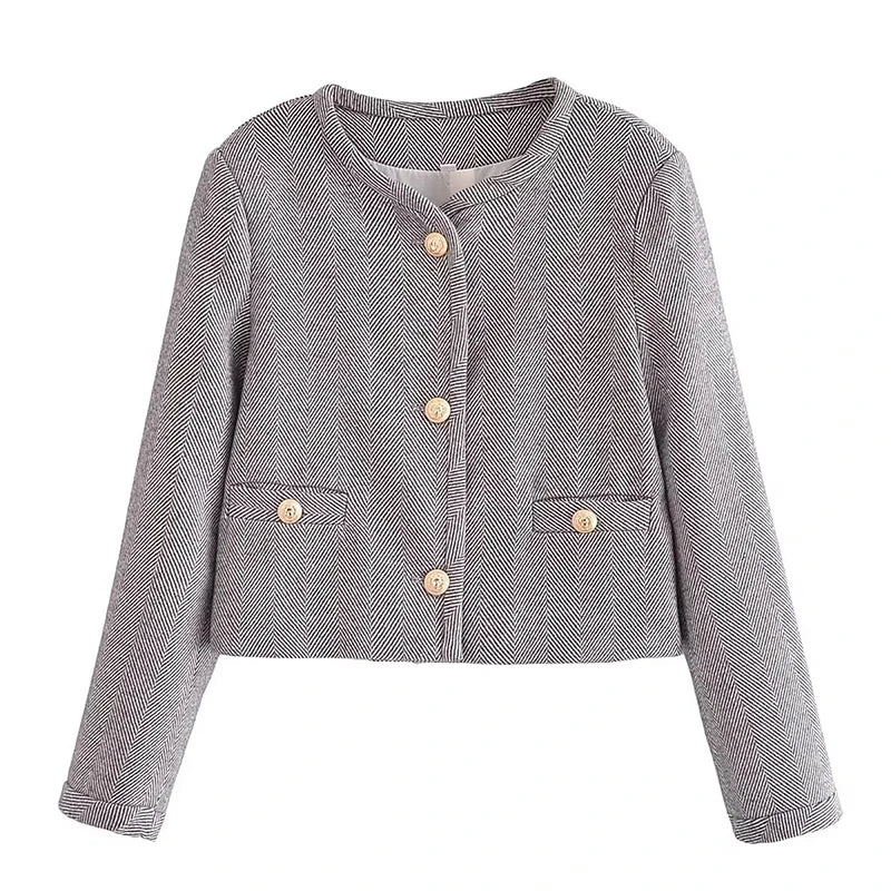Fashon Tweed Jacket For Women Autumn Winter Long Sleeve Single Breasted Cropped Coat Female Solid O-neck Pocket Outwear Top