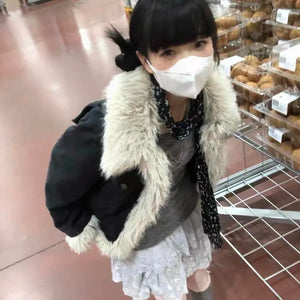 Karrram Y2k Aesthetics Black Denim Coat Grunge Fairycore Jeans Fur Jacket 2000s Harajuku Winter Coat Patchwork Vintage Korean