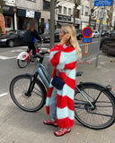 Stripe Women Knit Splice Cardigans Loose Autumn Winter Vintage Full Sleeve Long Coat Ladies Casual Street Jacket Knitwear