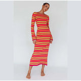 Sexy Backless Lace Up Women Striped Knitted Dress Fashion Slim O-neck Long Sleeve Midi Dresses Autumn Lady Chic Streetwear