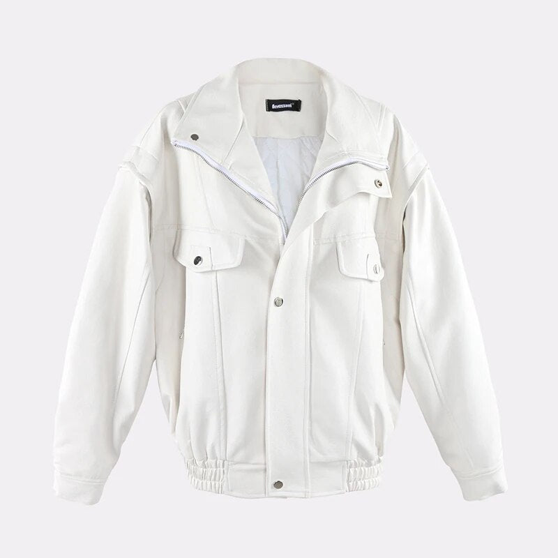 Spring Autumn Oversized Cool Windproof Thick Black Pu Leather Jacket Women Zip Up Luxury Designer Unisex Clothes