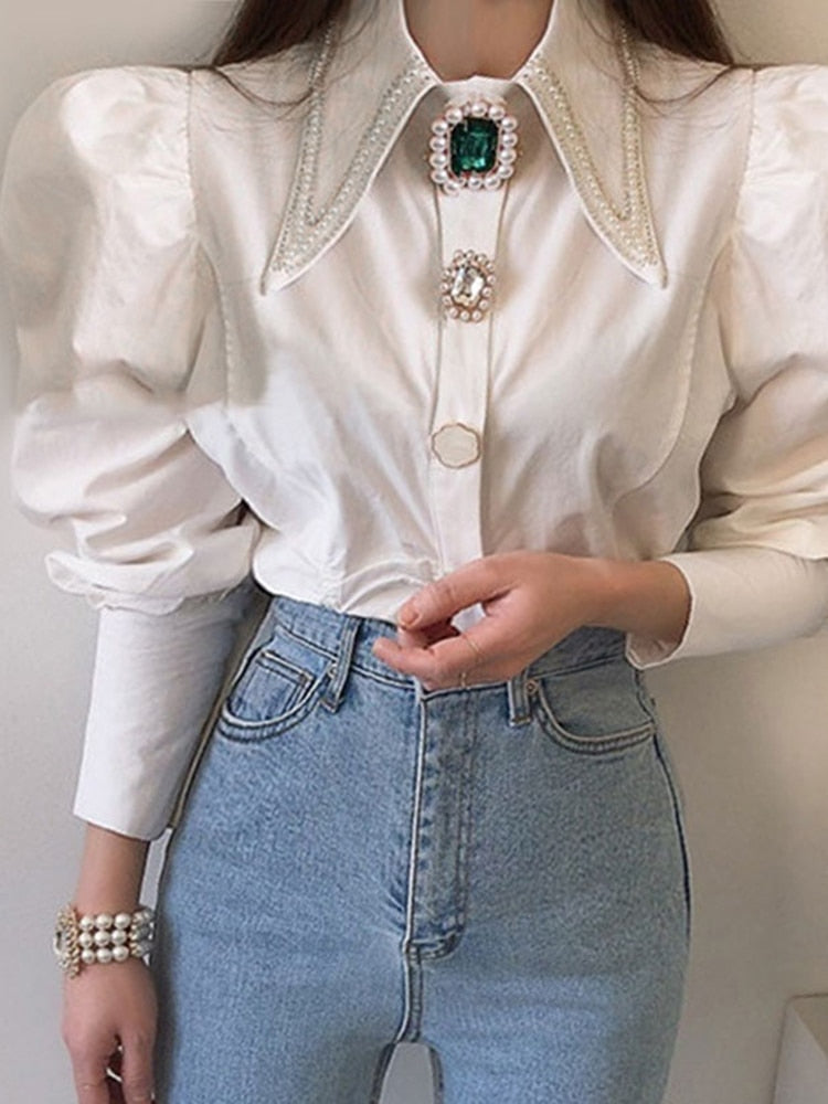 Women Shirts French Vintage Blouse Spring Button Up Shirt Pointed Collar Long Puff Sleeve Pearl Button Slim White Tops