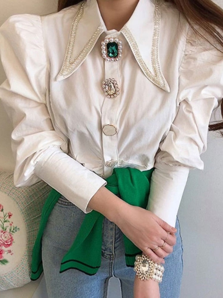 Women Shirts French Vintage Blouse Spring Button Up Shirt Pointed Collar Long Puff Sleeve Pearl Button Slim White Tops