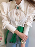 Women Shirts French Vintage Blouse Spring Button Up Shirt Pointed Collar Long Puff Sleeve Pearl Button Slim White Tops