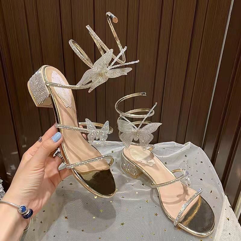 Summer New Women's Sandals Fashion Luxury Rhinestone Butterfly Snake Surround Chunky Heel Banquet Shoes