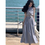 Summer Turtleneck Beach Party Midi Dress Women Casual Elegant Sleeveless Dress Office Lady Pure Color One Piece Dress Korea