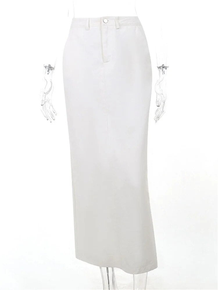 White Fashion High Waist Maxi Skirt Female Split Solid Pocket Streetwear Patchwork Casual Long Skirt For Women Maxi Skirt