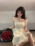 goosudu Fairy Dress Summer Spaghetti Strap Dress Pleated Backless Corset Dress High Waist Slim Short A-Line Dress Gauze Women's Spring Clothing
