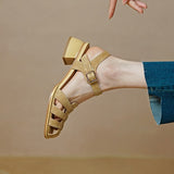 Summer Women Shoes Round Toe Women Sandals Casual Suede Shoes for Women Roman Heels Green Genuine Leather Mid Heels