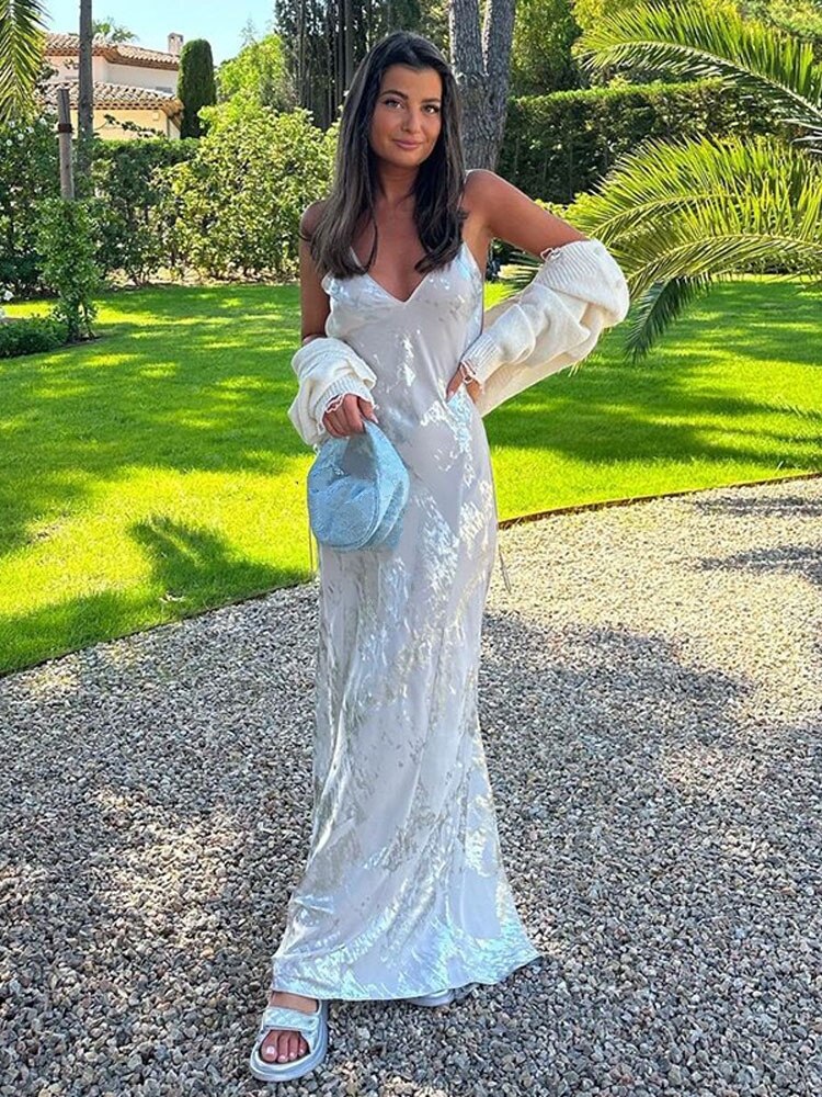 Women Sexy Lace Spaghetti Strap Dress Sleeveless Backless V-neck Maxi Dresses Summer Elegant Female Party Vacation Vestidos