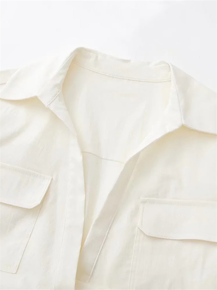 goosudu  Women's Crop Top Collared Short Sleeve Shirt Women Summer Knotted Linen Blouse Woman Streetwear Casual Blouses