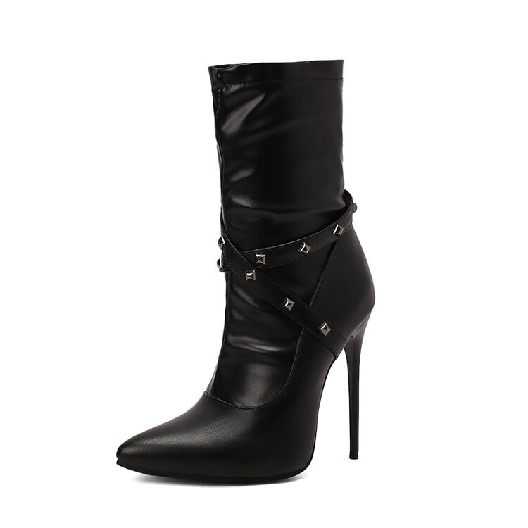 Punk Studs Sexy 12cm Stiletto Heels Boots Women Cross-band Pointy Toe Thin High Heeled Rose Red Green White Boot Zipper