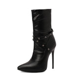 Punk Studs Sexy 12cm Stiletto Heels Boots Women Cross-band Pointy Toe Thin High Heeled Rose Red Green White Boot Zipper