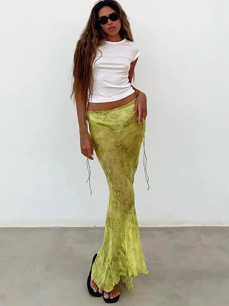 Summer Chiffon Fashion Maxi Skirt cover-up Women Elegant High Waist printed Holiday See-Through Printed Female Long Skirt