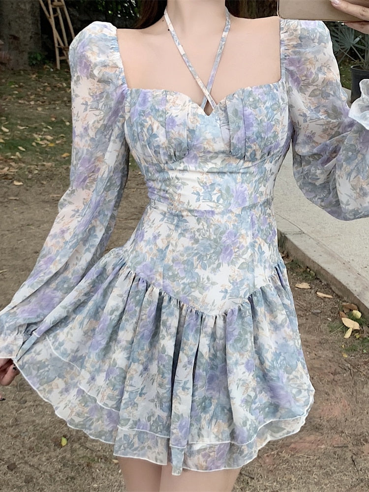 Goosudu  Sexy Floral One Piece Dress Korean Fashion Woman Puff Sleeve Y2k Mini Dress Casual Spring Design Elegant Short Party Dress