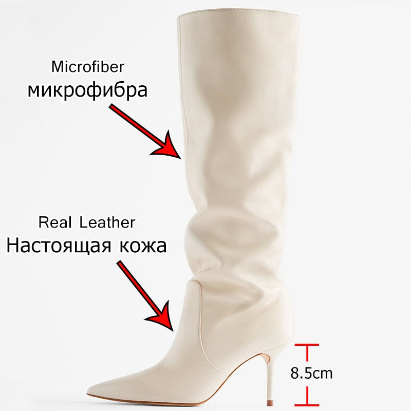 goosudu Ins Women Real Leather Knee High Boots For Women Winter Shoes Sexy Party Thin Heel Boots Ladies Footwear Size 34-43
