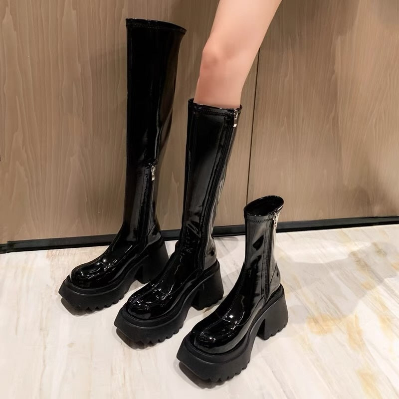 Patent Leather Chunky Platform Long Boots Women  Autumn Punk Thick Heels Shoes Woman Zipper Black Motorcycle Botas De Mujer