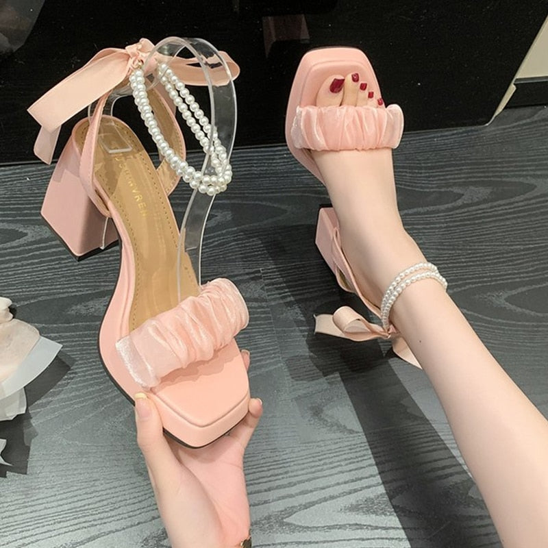 goosudu Platform Mary Janes Women Lolita Shoes High Heels Party Shoes  Summer Sandals New Brand Chunky Pearl Pumps Ladies Zapatos