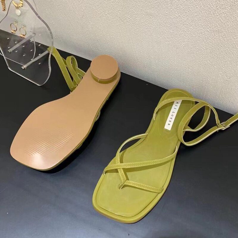 Summer Women Sandal Shoes Low Round Heel Narrow Band Gladiator Casual Sandal Ladies Casual Outdoor Beach Slides