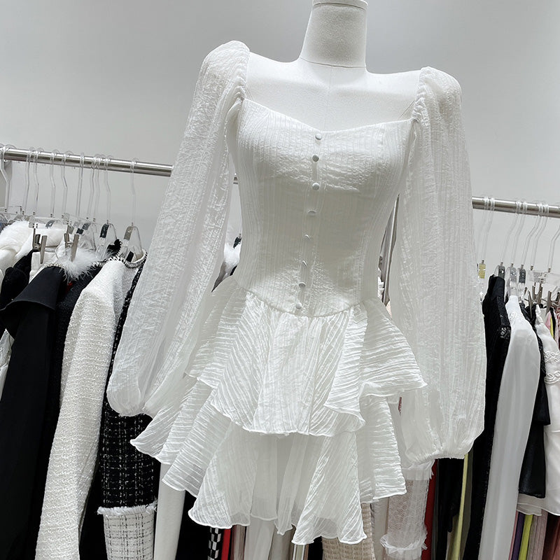 goosudu Fairy Dress Retro Cupcake Dress Square Neck Puff Sleeve Dress Women Chic Patchwork Spring New High Waist Long Sleeve Short Dress Summer