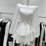 goosudu Fairy Dress Retro Cupcake Dress Square Neck Puff Sleeve Dress Women Chic Patchwork Spring New High Waist Long Sleeve Short Dress Summer