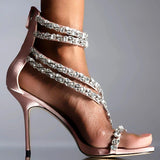 goosudu  Crystal Straps Women Sandals Back Zipper High Thin Heels Ankle Wrap Sandals Narrow Band Sweet Fashion Casual Party Female Pumps