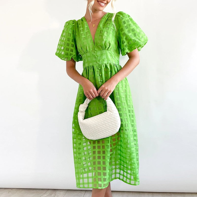 High Waist Lantern Sleeve V Neck Dress Solid Color Mesh Yarn Button Long Dress Casual Elegant Party Dresses Women Summer Vestido