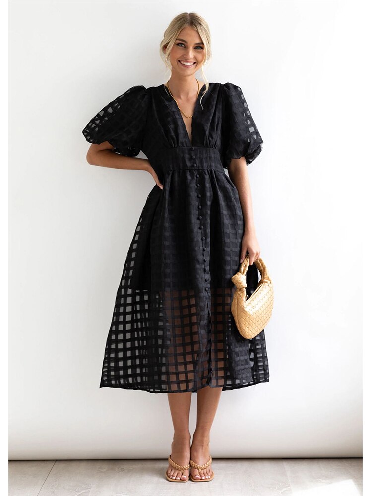 Lantern Sleeve Breasted Rose Red Vintage A-line Party Dress Plaid Transparent Zip Waist Elastic Summer Midi Boho Dress