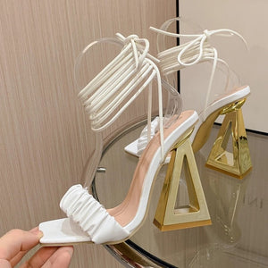 Sexy Cross Ankle Strap Women's Fretwork Heels Sandals Summer Fashion White Pleated Leather Square Toe Party Stripper Shoes