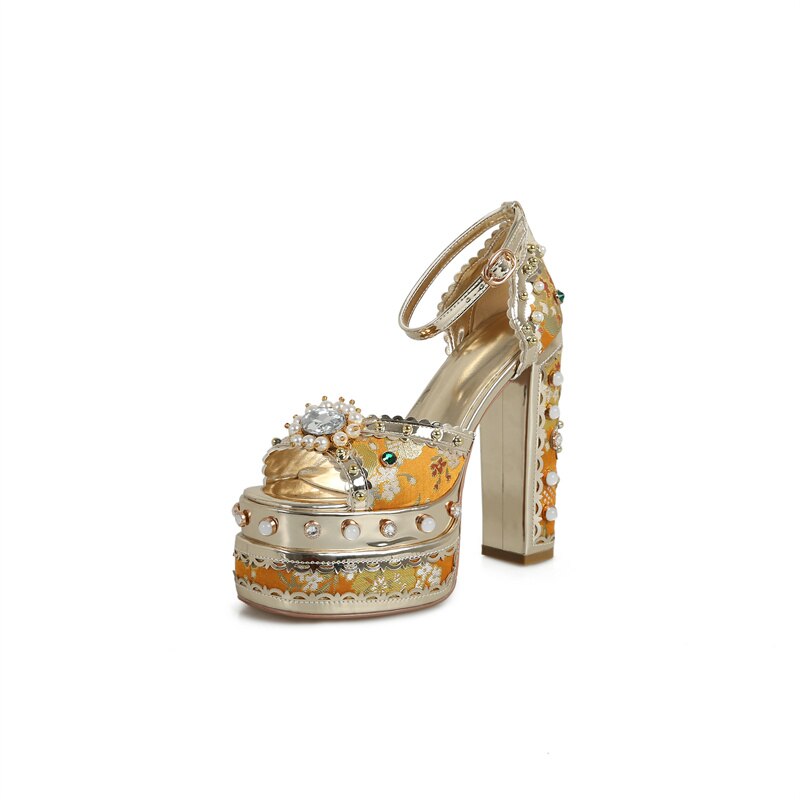 goosudu Luxury Gold Metallic Women Sandals Studded Square Heels Female Shoes Platform Flower Crystal Sexy Peep Toe Summer Ladies Pumps