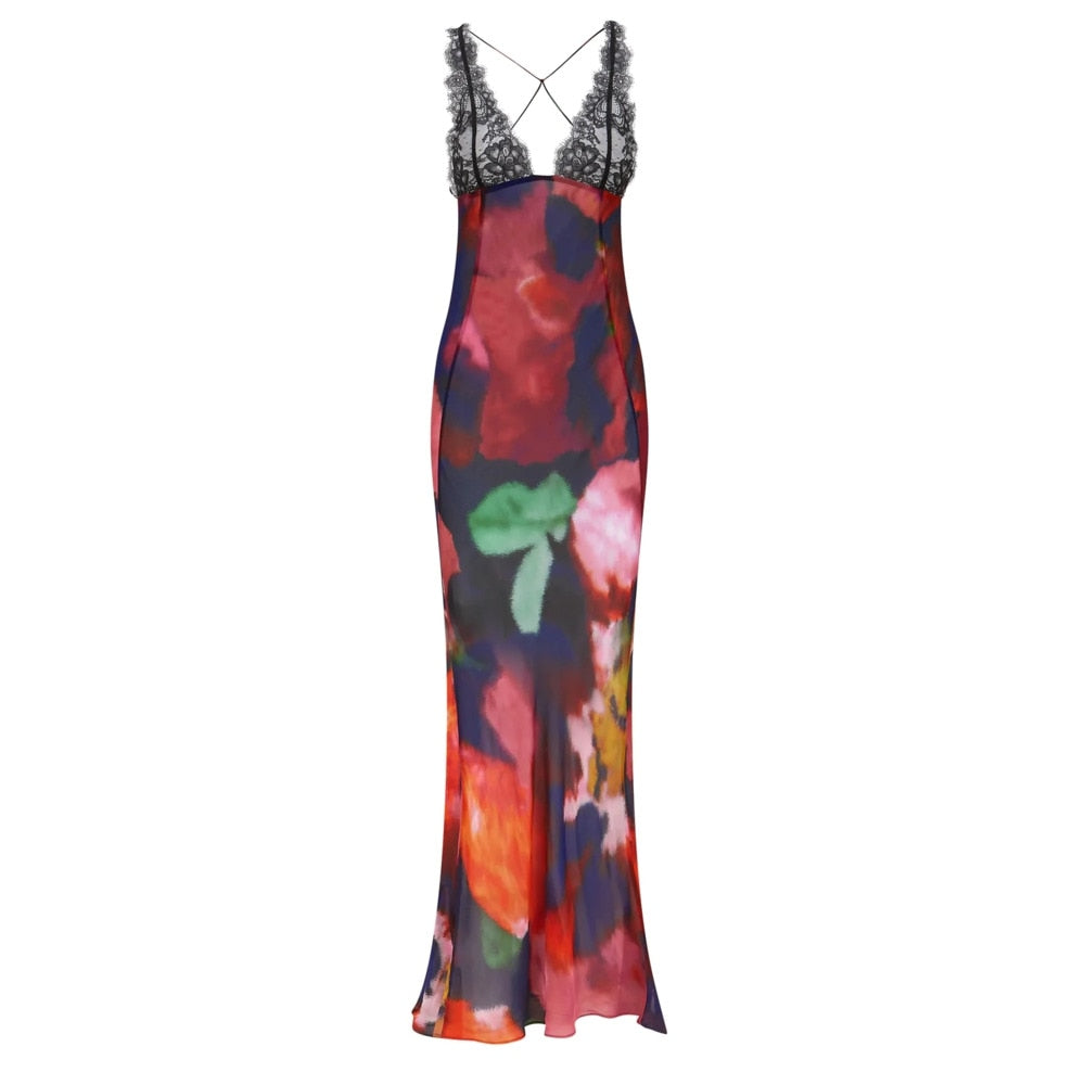Elegant Tie Dye Floral Chiffon Dress Summer Sexy Women Backless Lace Bodycon See Through  Beach Party Vestidos