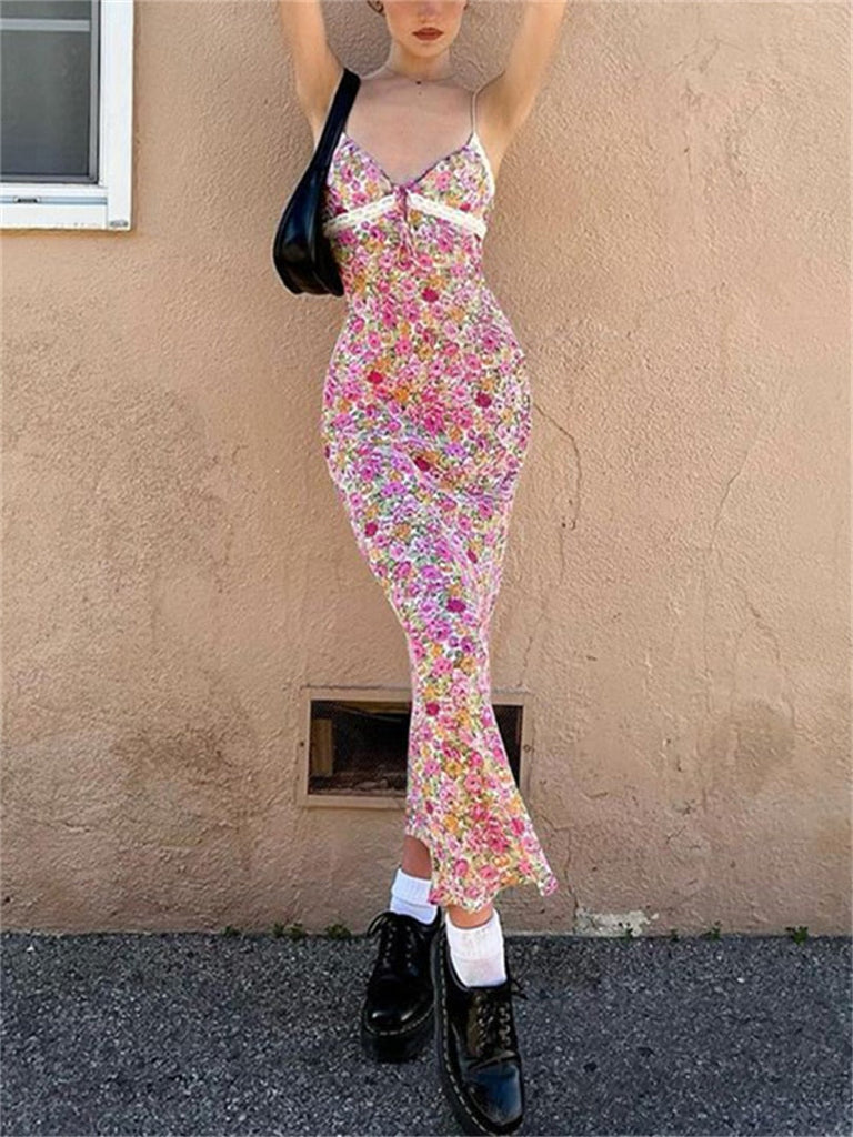 Flowers Print Spaghetti Straps Wrap Long Dress 90s E-girl Aesthetic Women Summer Sleeveless Tie Up V-Neck Sundress