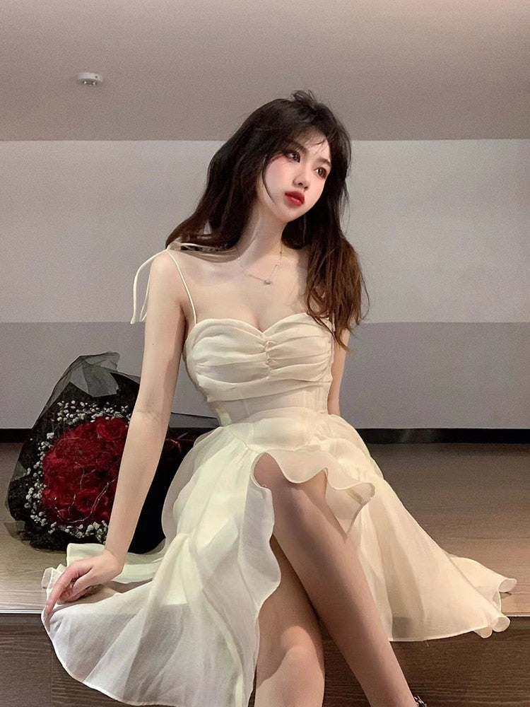 goosudu Fairy Dress Summer Spaghetti Strap Dress Pleated Backless Corset Dress High Waist Slim Short A-Line Dress Gauze Women's Spring Clothing
