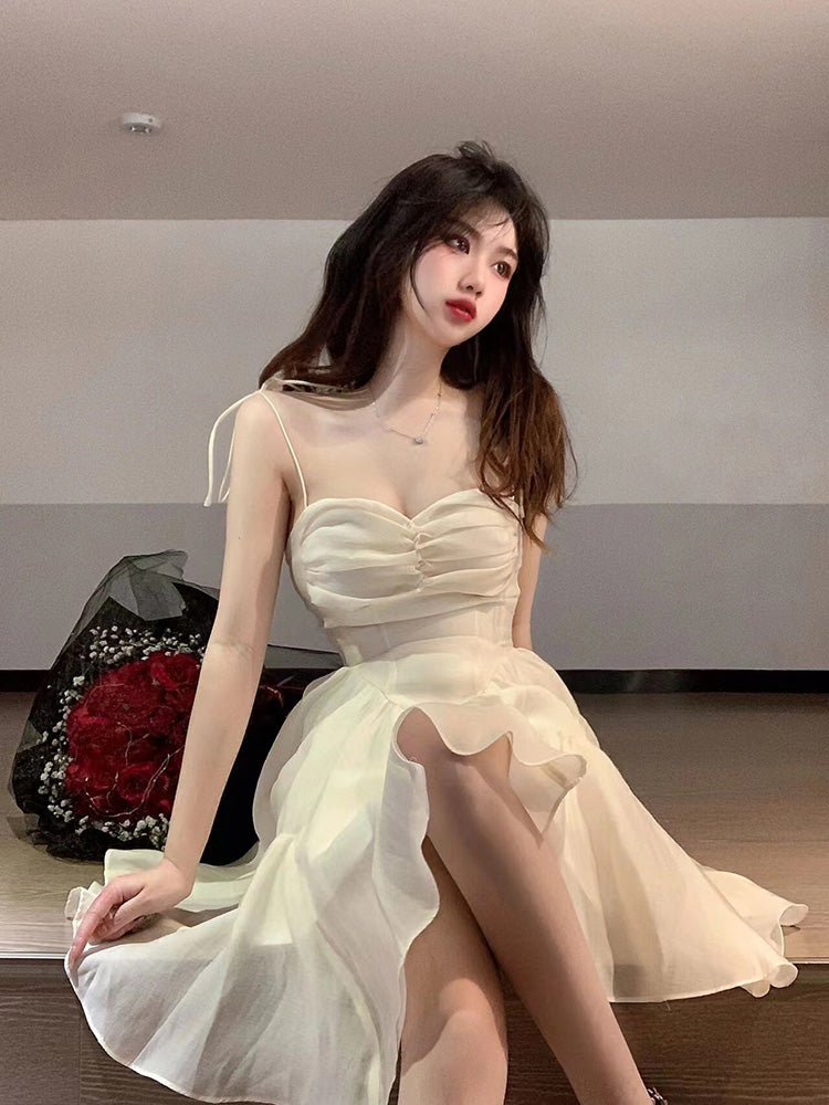 goosudu Fairy Dress Summer Spaghetti Strap Dress Pleated Backless Corset Dress High Waist Slim Short A-Line Dress Gauze Women's Spring Clothing