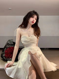 goosudu Fairy Dress Summer Spaghetti Strap Dress Pleated Backless Corset Dress High Waist Slim Short A-Line Dress Gauze Women's Spring Clothing
