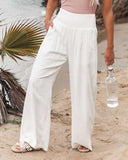 Spring Summer Cotton Linen Women Pants Pockets Solid Casual White Wide Leg Office Lady White Long Trousers Khaki