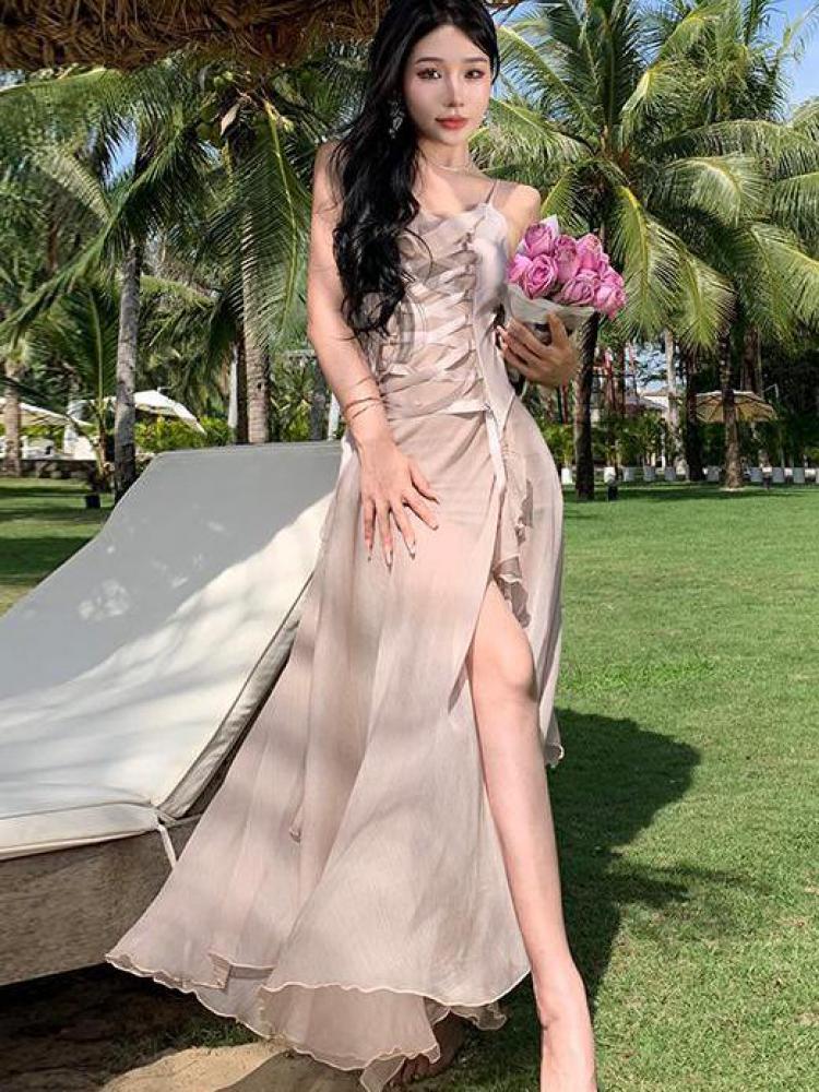 Women's Long Ball Princess Dresses Elegant Backless Spaghetti Strap Party Split Bandage Ruffled Dress Summer Sexy Fashion Boho