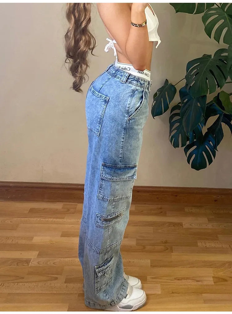 Aesthetic Vintage Cargo Women's Pants Y2k High Waist Straight Baggy Jeans Casual Chic Fake Zippers Pocket Female Trousers