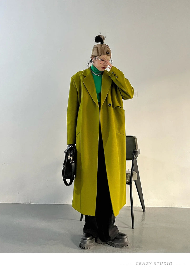 Lautaro Spring Autumn Long Green Oversized Trench Coat for Women Single Button Loose Luxury Casual Overcoat Korean Fashion