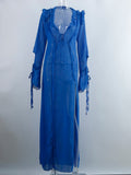 goosudu Long Sleeve Blue Maxi Summer Beach Dress Ruffle Bandage Mesh Club Party Sexy Dresses Women Outfit See Though Y2K 90’S